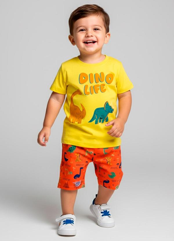 Vista 2 Conj Inf Masc Dino Life Amarelo Turminha Turminha
