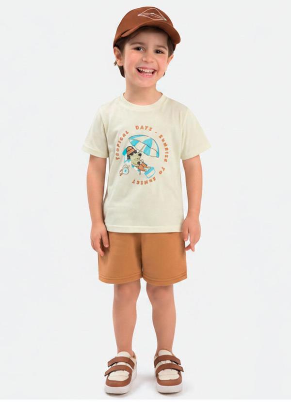 Conjunto Bebê Camiseta Cachorro e Bermuda Bege