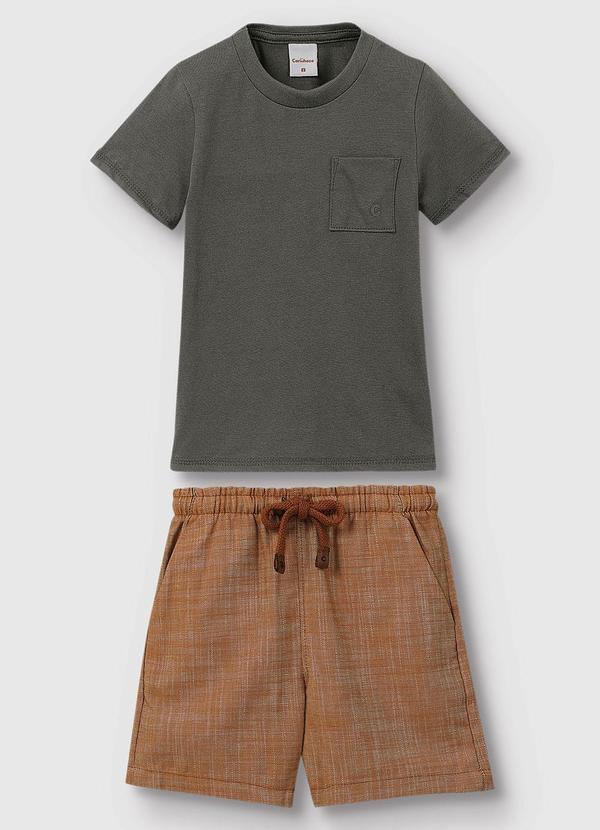 Vista 2 Conjunto Camiseta & Bermuda Maquinetada Marrom Carinhoso Carinhoso