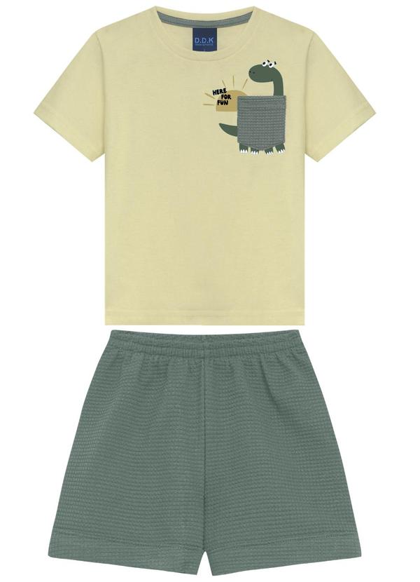 Conjunto Camiseta Estampa Dino e Bermuda Marrom