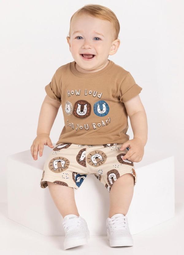 Conjunto com Bermuda e Camiseta com Aplique Bege