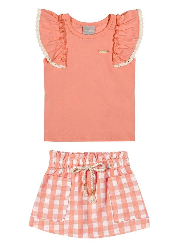 Vista 2 Conjunto Curto Infantil Menina Xadrez Laranja Colorittá Colorittá
