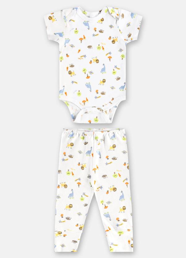 Conjunto Bebe Body Manga Curta e Calça Dino Branco