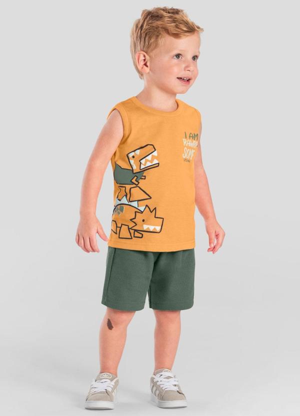 Vista 2 Conjunto Menino de Dinossauro em Puff Laranja Brandili Brandili