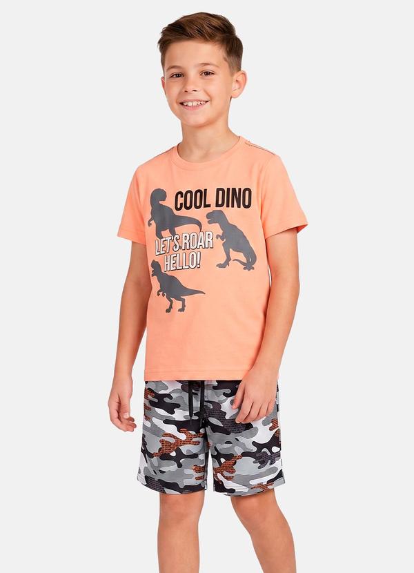 Conjunto Menino Verão Dino Camuflado Salmão