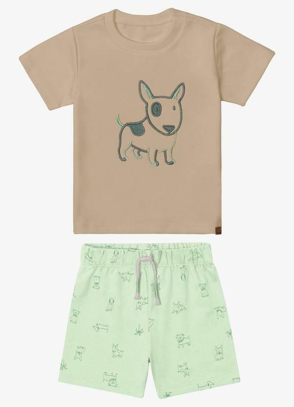 Conjunto Verão Menino Suedine Bordado Bege