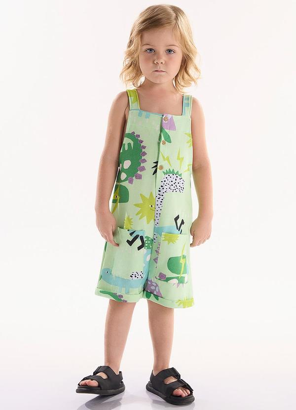 Vista 2 Jardineira Infantil em Molecotton Verde Três e Já Três e Já