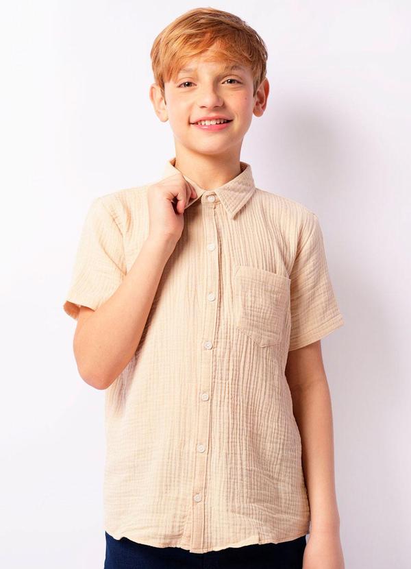Camisa Juvenil Manga Curta Texturizada Bege