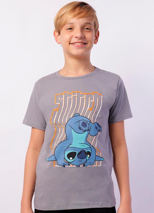 Camiseta Juvenil Stitch Manga Curta Cinza